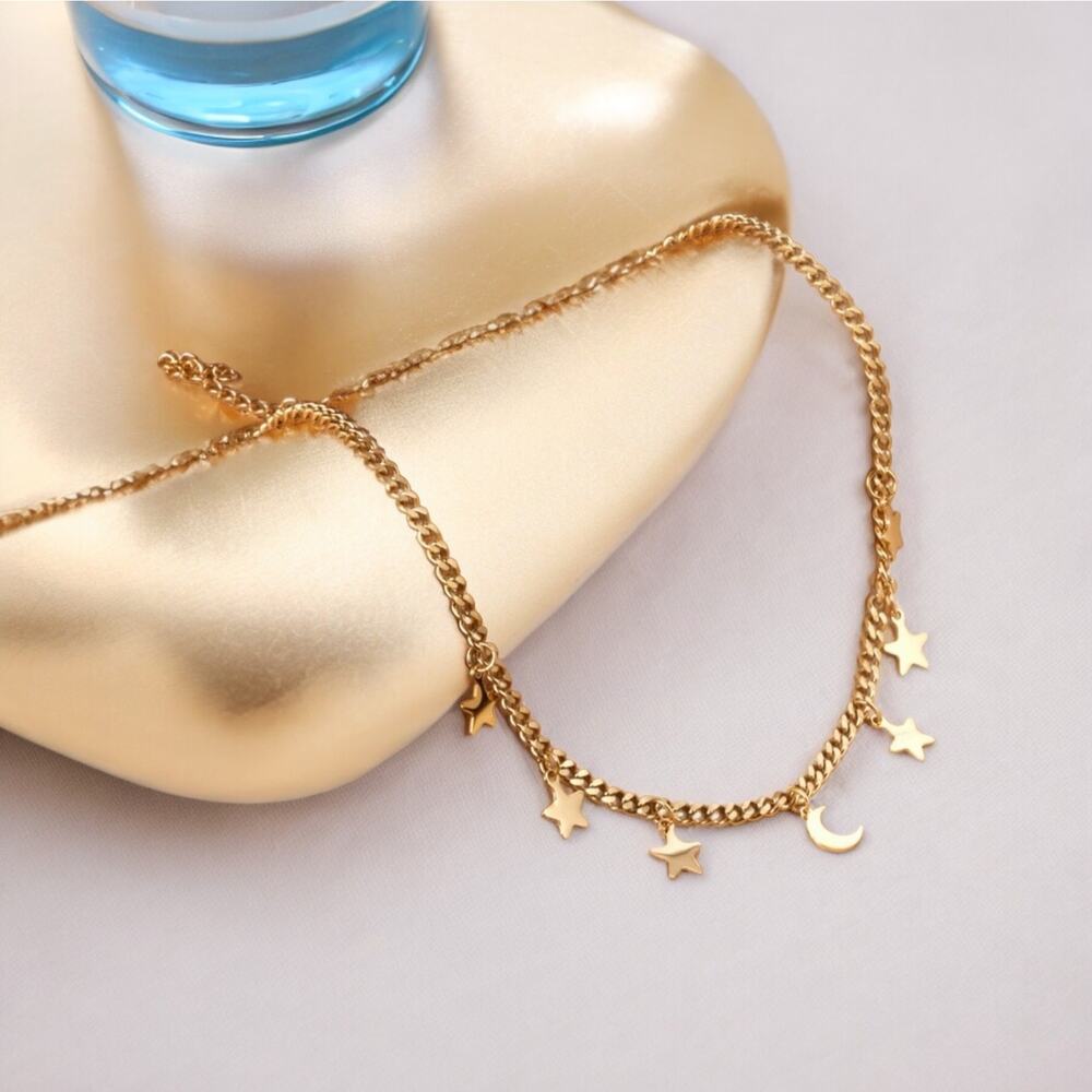 NEW 18K yellow gold plated Cuban chain boho star and moon necklace jewelry B28A - Picture 7 of 10
